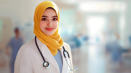Hijab doctor with stethoscope at the hospital. Medical healthcare and doctor staff service.の素材