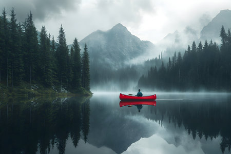 Foggy morning on lake with canoe and mountains in the backgroundの素材