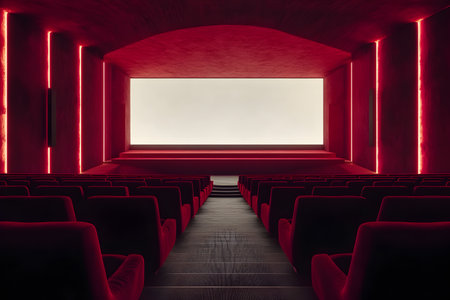 Empty cinema auditorium with red seats and white screen. 3d renderingの素材