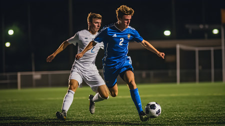 Soccer players fight for ball on the football field at night.の素材