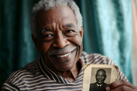 Portrait of an elderly African American man holding a photo of his grandfatherの素材