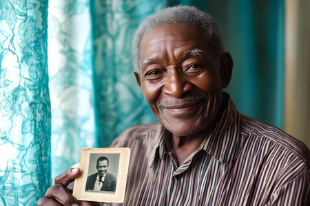 Portrait of a senior man holding a picture of his son.の素材