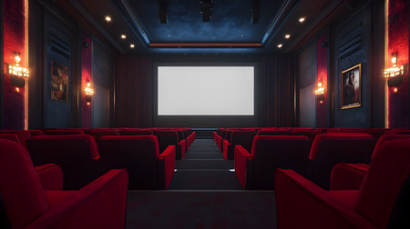 Movie or theater auditorium with red seats and blank white screen. 3D Renderingの素材