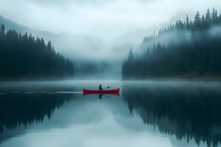 Foggy morning on the lake with a man paddling a canoeの素材