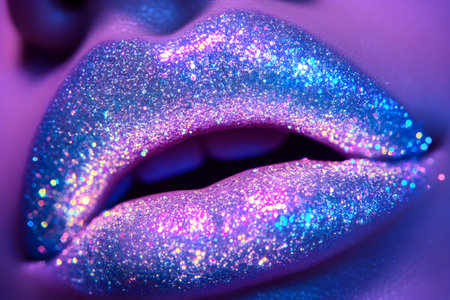 Close up of female lips with glitter makeup. Beautiful female lips.の素材