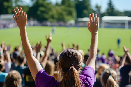 Rear view of a young woman raising her hands in the air at a soccer stadiumの素材