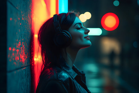 Beautiful young woman listening to music in the city at night.の素材