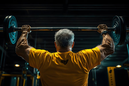 Rear view of senior man lifting a barbell in the gymの素材
