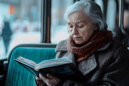 Sad senior woman reading book while sitting on the bus in the cityの素材