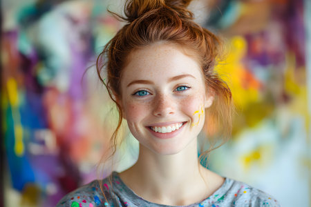 Portrait of a beautiful redhead girl with freckles and frecklesの素材
