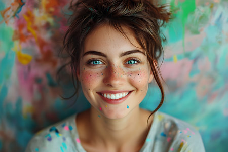 Portrait of a beautiful young woman with creative makeup on her faceの素材