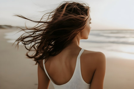 Portrait of a beautiful young woman with flying hair on the beachの素材