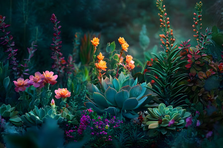 Beautiful succulent garden at night. Colorful flowers in the garden.の素材