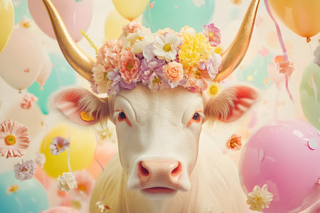 Cute white cow with flowers wreath on head and colorful balloonsの素材