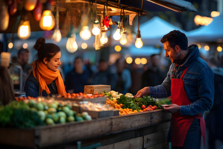 Couple buying fruits and vegetables at a street food market in Pragueの素材