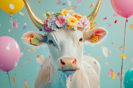 Cow with flowers in her hairrated with balloons and confettiの素材