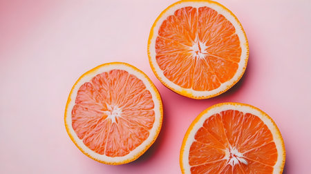 Slices of grapefruit on a pink background, top viewの素材