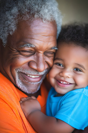 Close-up of smiling grandfather and grandson looking at camera at homeの素材
