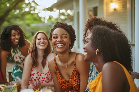 Group of happy young women having fun together at a summer party.の素材