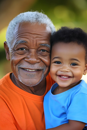 Portrait of an African American grandfather with his grandson in the parkの素材