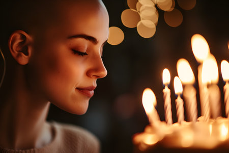 Portrait of beautiful young woman blowing candles on birthday cake at homeの素材