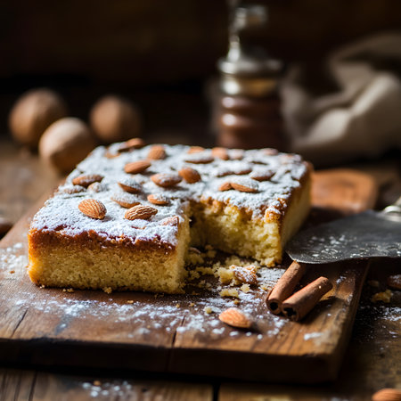 Sponge cake with almonds and cinnamon on a wooden board, selective focus.の素材