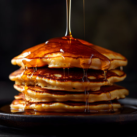 Pancakes with honey and maple syrup on a dark background.の素材