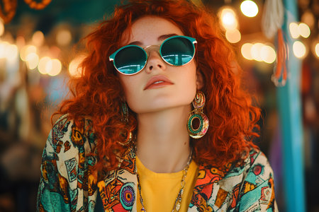Portrait of a beautiful red-haired girl in sunglasses and a colorful jacket.の素材