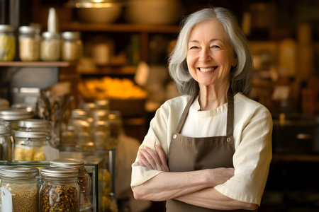happy senior woman in apron looking at camera in a pantryの素材