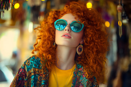 Beautiful redhead girl with long curly hair wearing sunglasses and bright clothesの素材