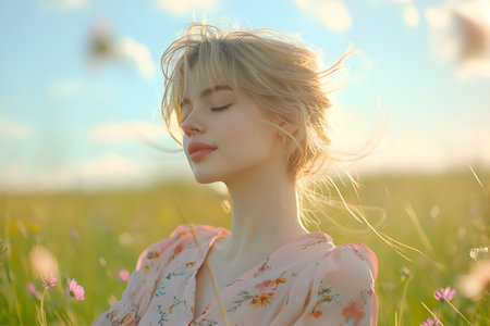 Beautiful young girl with blonde hair on the meadow at sunsetの素材