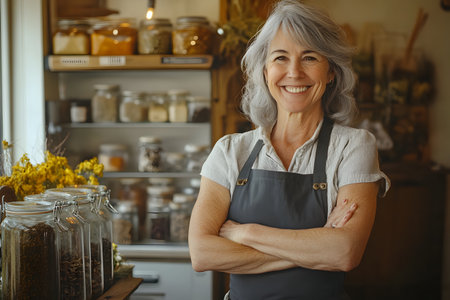 Portrait of a smiling senior woman standing with arms crossed in her kitchenの素材