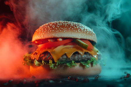 Hamburger with smoke on dark background. Close-up.の素材