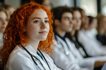 Portrait of a young female doctor in front of a group of medical studentsの素材