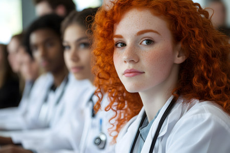 group of young female doctors looking at camera in a medical conference roomの素材