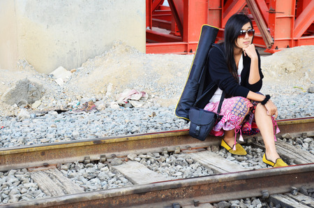 Portrait thai woman at railway train bangkok Thailand