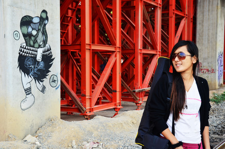 Portrait Thai woman on Bangkok Elevated Road and Train System  BERTS  or HopeWell Project at Bangkok Thailandのeditorial素材
