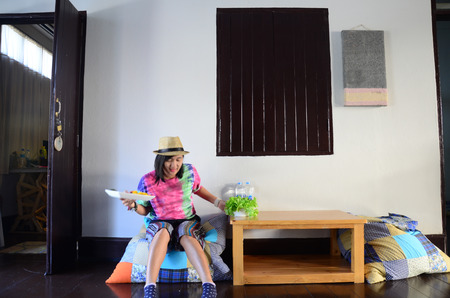 Woman with meal time vegetable and fruit Salad.の写真素材