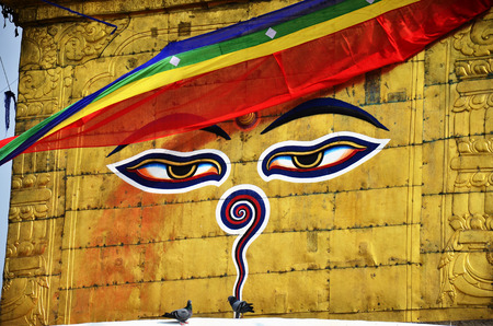 Buddha eyes or Wisdom eyes at Swayambhunath Temple or Monkey Temple - holy asian religious symbol at Kathmandu Nepal.の写真素材