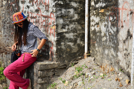 Thai women portrait at the wall of World Peace Pagoda at Pokhara in Annapurna Valley Nepal.の写真素材