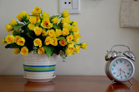 Alarm Clock and Flower vaseの写真素材