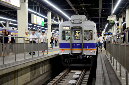 Railway stop at Namba station waiting passenger for go to Kansai airport on July 8, 2015 in Osaka, Japanのeditorial素材