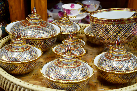 Traditional thai five basic colors style pottery wait bring to process fire oven Ceramic Benjarong at Ban Don Kai Dee in Samut Sakhon Thailand.の写真素材
