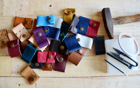 Leather craft tools for Handmade key ring and small bag made from leatherの写真素材