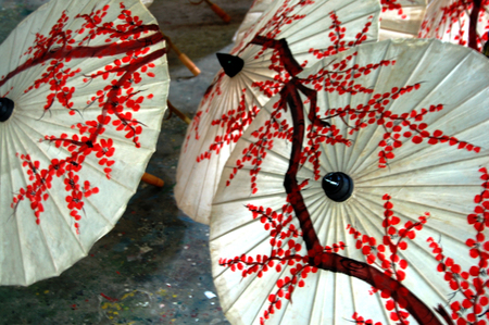 Handmade Art Umbrella for show and sale traveler at Bo-sang Handicraft Center Village on October 7, 2012 in Chiang Mai, Thailand.の写真素材