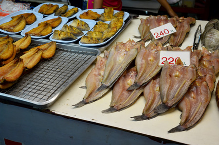 Dried fish or Gourami fish preserves for sale at Don Wai Floating Market in Nakhon Pathom, Thailand.の写真素材