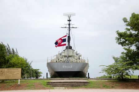 Remembrance Lhuangprasae Battleship discharge stop on land for people visit and travel at Pak Nam Prasae town on August 10, 2016 in Rayong, Thailand.のeditorial素材