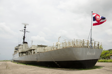 Remembrance Lhuangprasae Battleship discharge stop on land for people visit and travel at Pak Nam Prasae town on August 10, 2016 in Rayong, Thailand.のeditorial素材