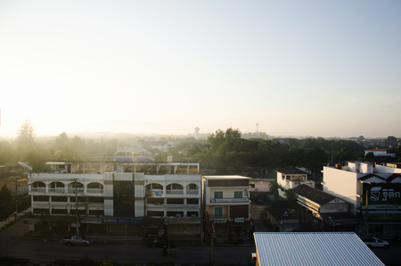 Landscape and cityscape with traffic road of Lampang city in morning time on December 27, 2016 in Lampang, Thailandのeditorial素材