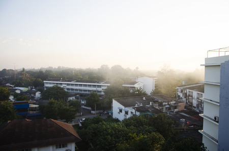 Landscape and cityscape with traffic road of Lampang city in morning time on December 27, 2016 in Lampang, Thailandの写真素材